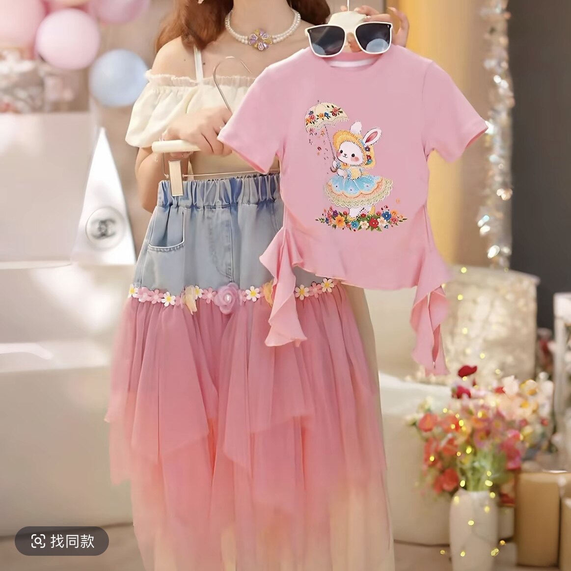 女童夏季牛仔纱裙卡通短袖T恤两件套2026新款女孩洋气网纱拼接裙