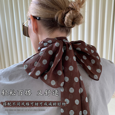 棕色波点丝巾印花高级百搭丝带脖饰女2025年新款发带绑发长条围巾