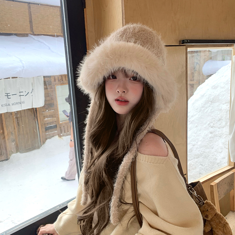 毛绒针织帽女大头围显脸小套头帽