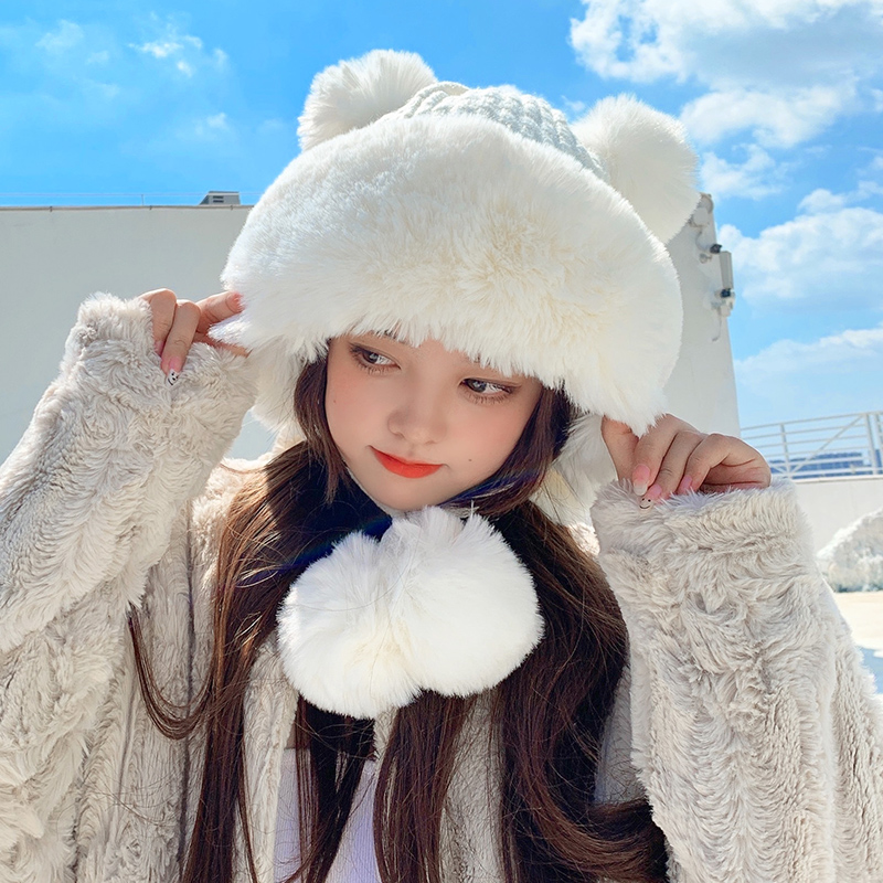 秋冬季新款仿兔毛皮草雷锋帽针织加绒毛线帽甜美可爱护耳保暖女帽