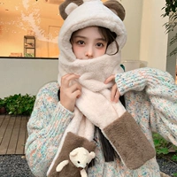 Демисезонная шапка, шарф, удерживающие тепло перчатки, милый комплект, универсальная маска, с медвежатами, для влюбленных, 3 предмета, в корейском стиле