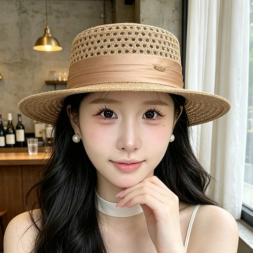 法式平顶镂空草帽女遮阳显脸小