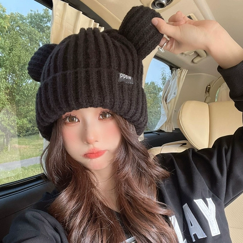 Удерживающая тепло брендовая милая шерстяная демисезонная вязаная шапка, в корейском стиле, с медвежатами, свободный крой