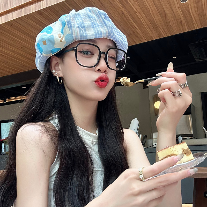 格纹拼接贝雷帽女春夏季显脸小蓓蕾帽画家帽大头围百搭学生云朵帽
