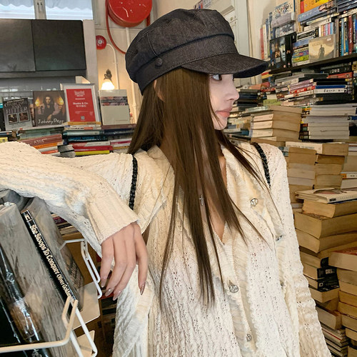 复古牛仔平顶八角帽子女韩版防紫
