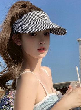 女夏格子空顶防晒显脸小大头围帽