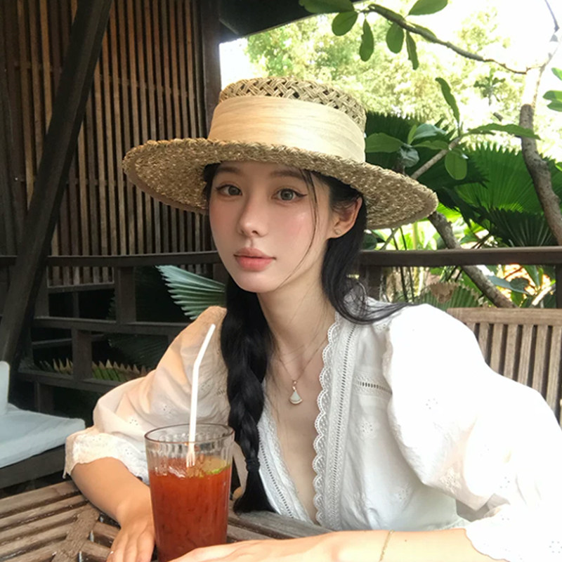 老钱风草编平顶遮阳帽女显脸小图片