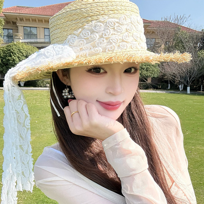 夏季蝴蝶结草编大檐防晒沙滩帽