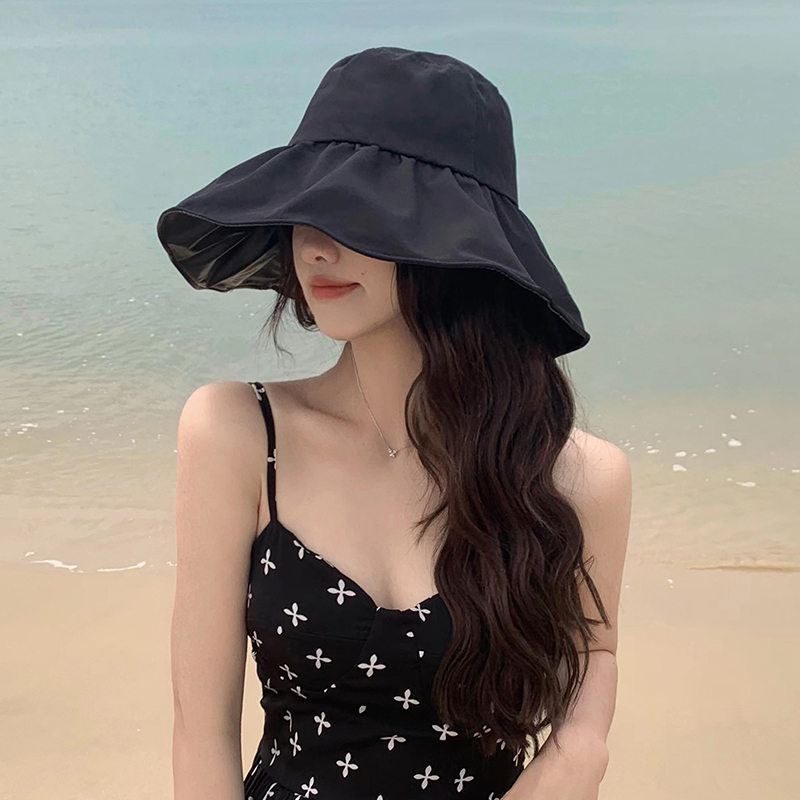 UV黑胶防晒遮阳帽子女夏遮脸防紫外线太阳帽骑车大帽檐百搭渔夫帽