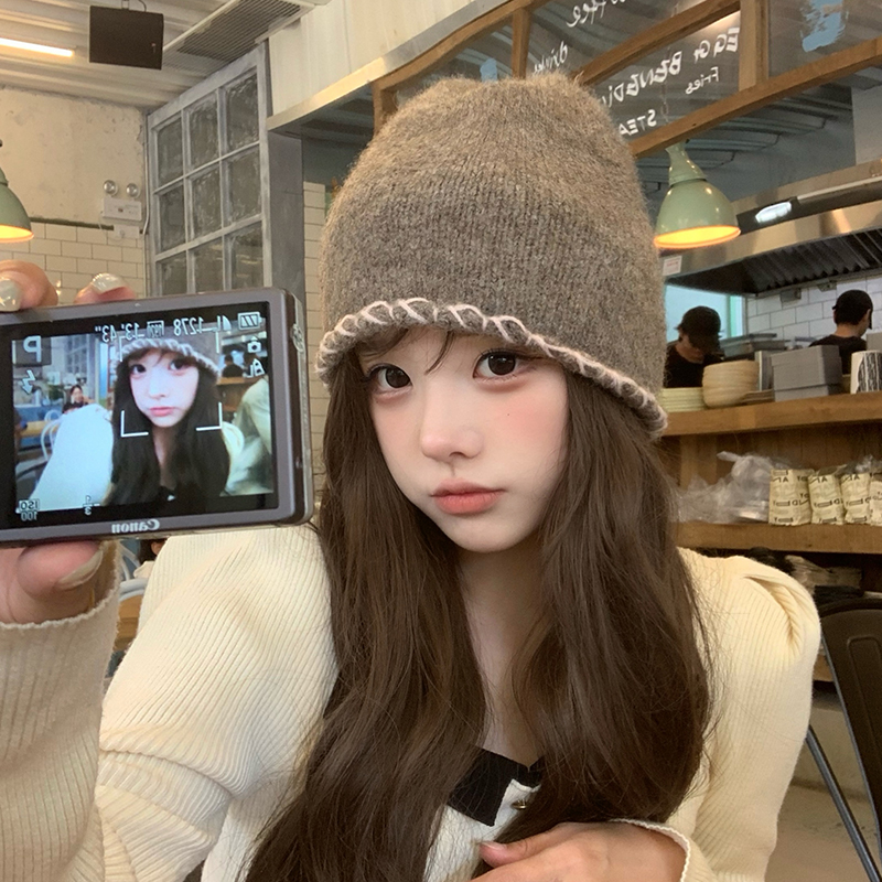 简约百搭堆堆帽细织毛线帽女秋冬