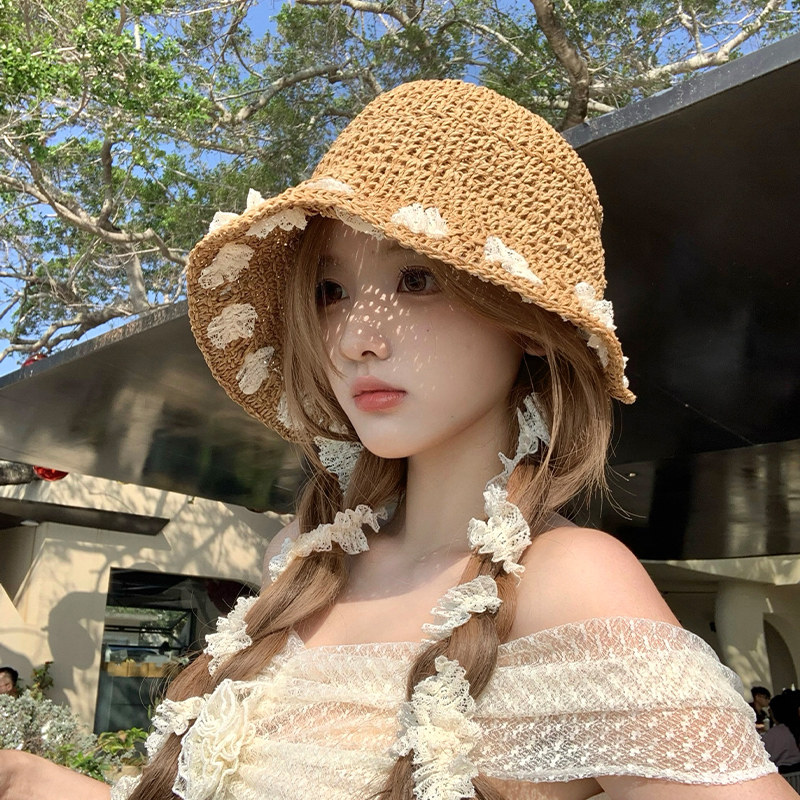 夏季防晒大檐草编女渔夫帽可折叠图片