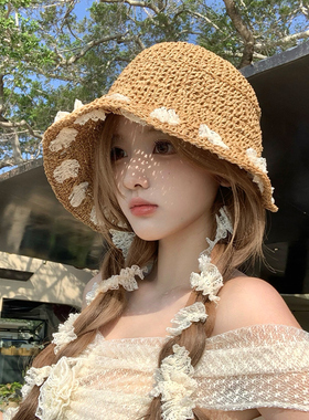 夏季防晒大檐草编女渔夫帽可折叠