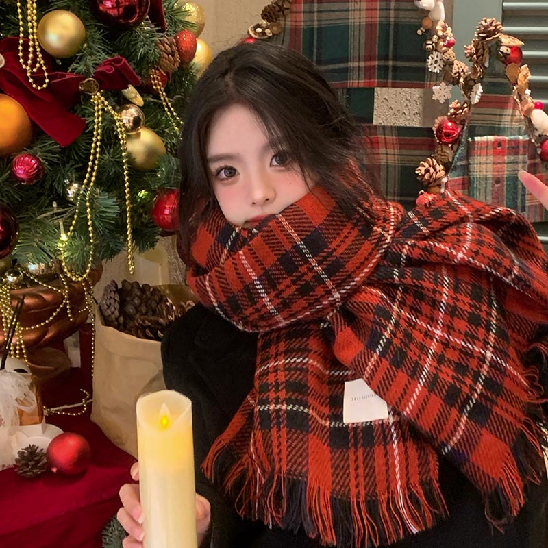艾佳微红色格子围巾女秋冬季