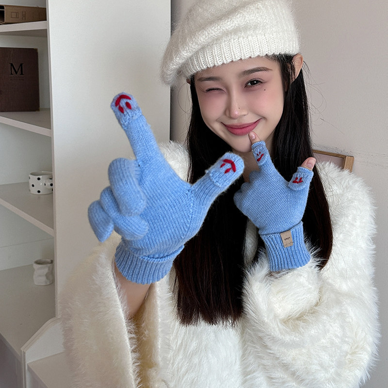 针织手套五指露两指女冬季可爱刺绣笑脸触屏韩版防寒保暖户外骑行,服饰配件/皮带/帽子/围巾,手套,淘宝优惠券,粉丝福利购,淘宝优惠卷