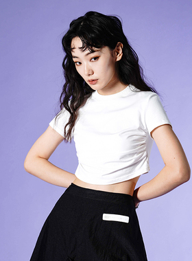 MONTION22SS超短T恤女背心双腰线短袖打底衫百搭紧身压褶白色上衣