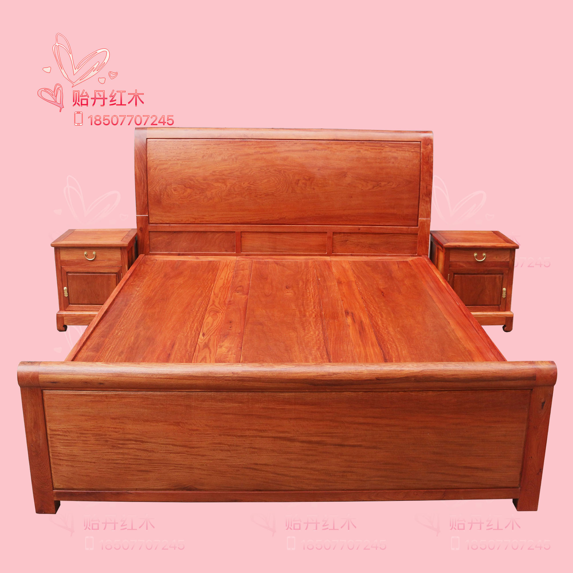 缅甸花梨木双人大床三件套 大果紫檀2米宽大床 红木床200*220