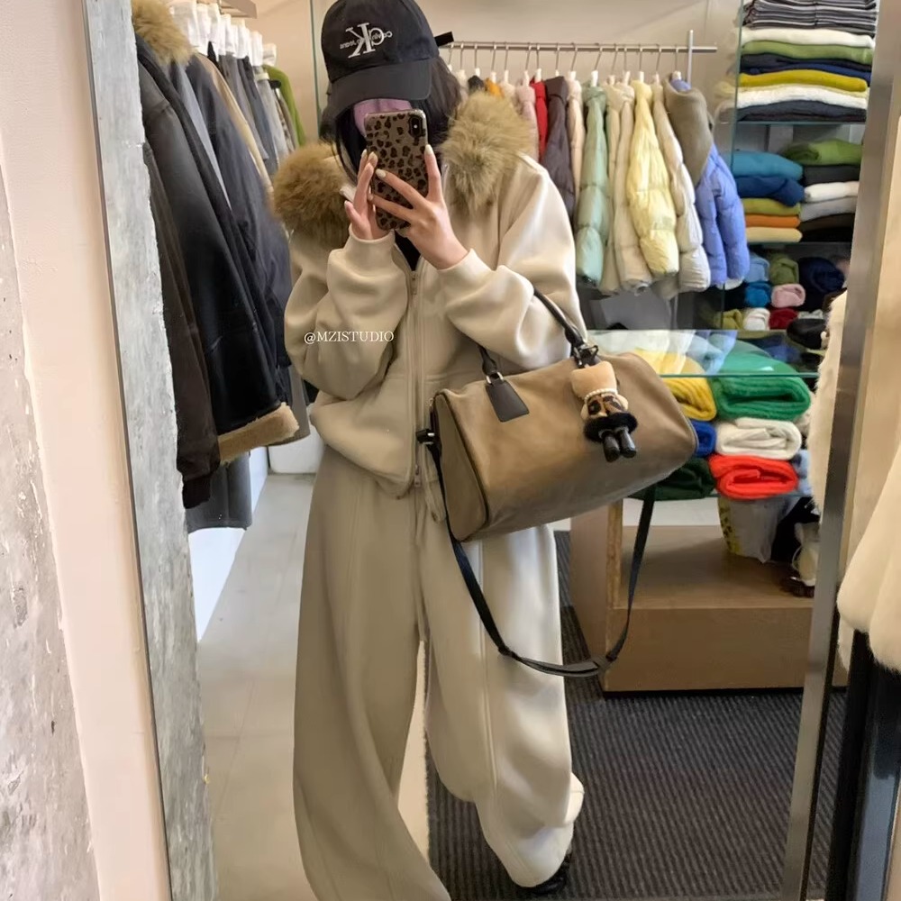 韩系松弛随性感加绒卫衣套装