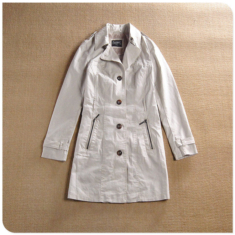 包邮修身中长款纯色涂层棉料外套 英伦潮单排扣无腰带款风衣B819