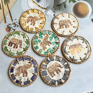 东南亚轻奢贝壳镶嵌隔热杯垫碗垫藤编贝壳大象款 杯垫彩贝手工编织