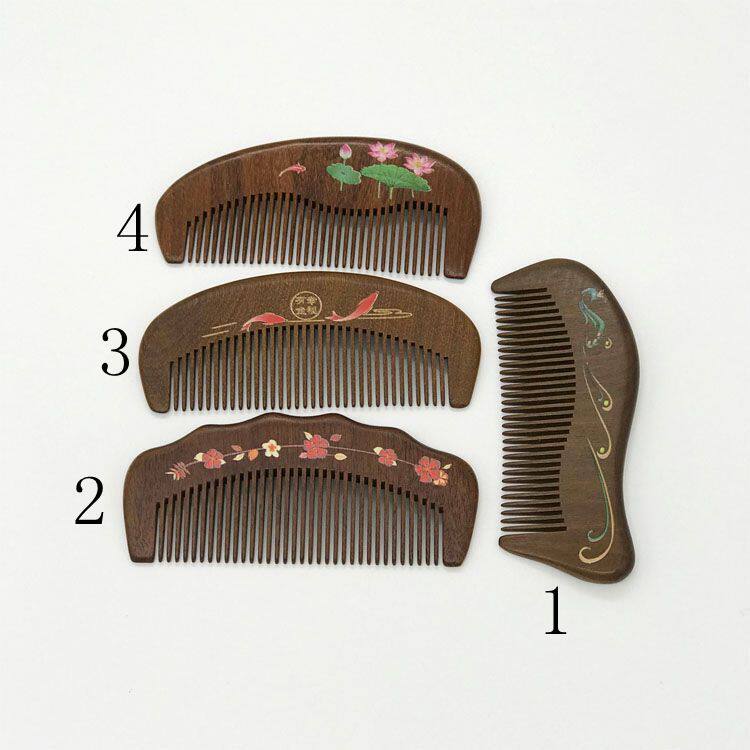 金丝檀木梳短柄梳手柄弯尾球柄密齿印花刻花独立包装