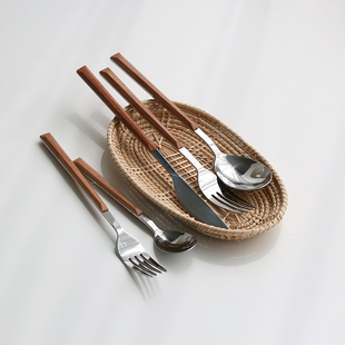 日韩ins仿木柄不锈钢刀叉餐具套装 汤勺 甜品叉雪糕勺意粉叉日式