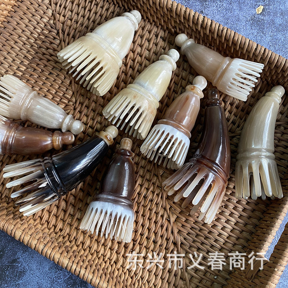 牛角短筒梳按摩头部刮痧梳洗头梳宽齿密齿圆筒梳特色牛角制品