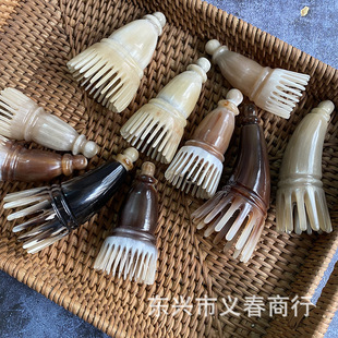 牛角短筒梳按摩头部刮痧梳洗头梳宽齿密齿圆筒梳特色牛角制品