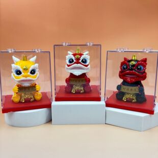 国潮醒狮太阳能摆件自动点头办公室前台桌面装饰创意舞狮小摆件