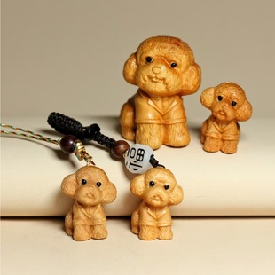 崖柏木雕泰迪小狗手把件 泰迪犬动物办公桌面装饰小摆件景区古玩