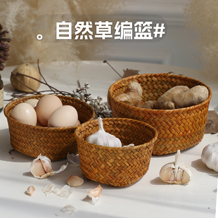 天然海草编织收纳筐厨房姜蒜收纳篮小号圆形玄关桌面杂物储物筐子