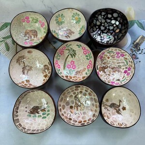 椰壳装饰碗椰壳制品镶嵌贝壳彩色
