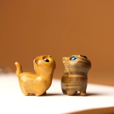 绿檀木雕好奇小猫动物创意木质可