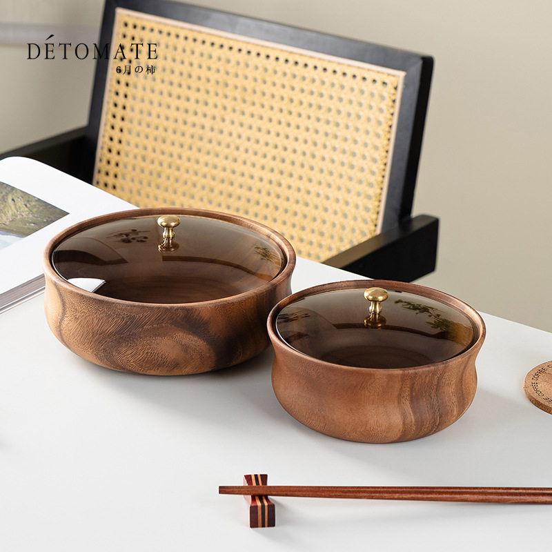 南美胡桃木实木日韩泡面碗 整木挖制带盖果子器相思木圆形大碗