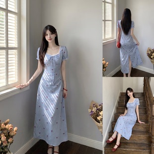 妙妙家【半夏时光】大码胖mm夏韩系蝴蝶结蓝色连衣长裙女收腰显瘦