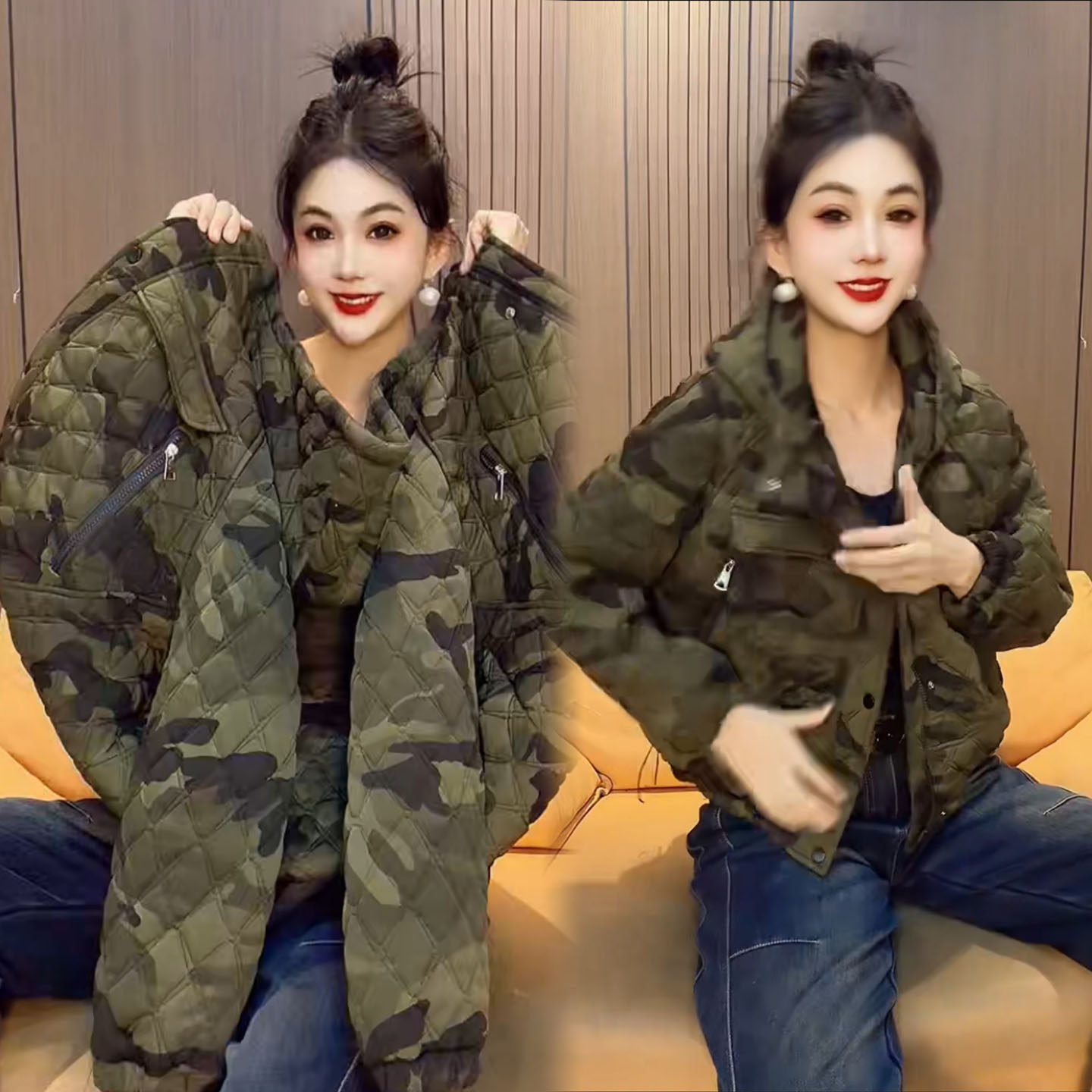 冬季新款美式迷彩风连帽棉服女短款宽松显瘦小个子军绿色棉袄外套
