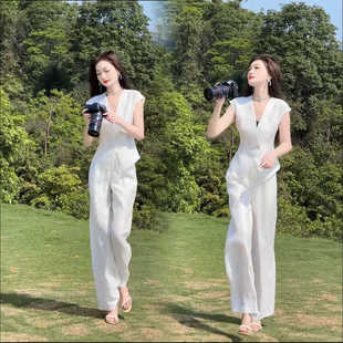 夏装搭配一整套减龄洋气时尚休闲名媛韩系小香风白色马甲裤子套装