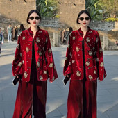 立领盘扣外套高腰阔腿裤 新中式 重工印花两件套女冬季 国风两件套潮