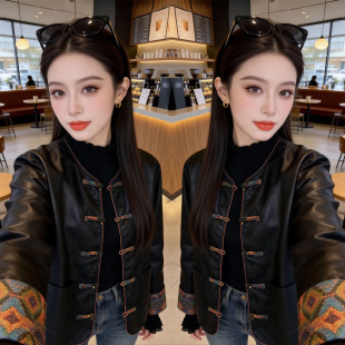 风盘扣皮衣外套女显瘦百搭拼色袖 新中式 口高级感短外套潮 新款 春季