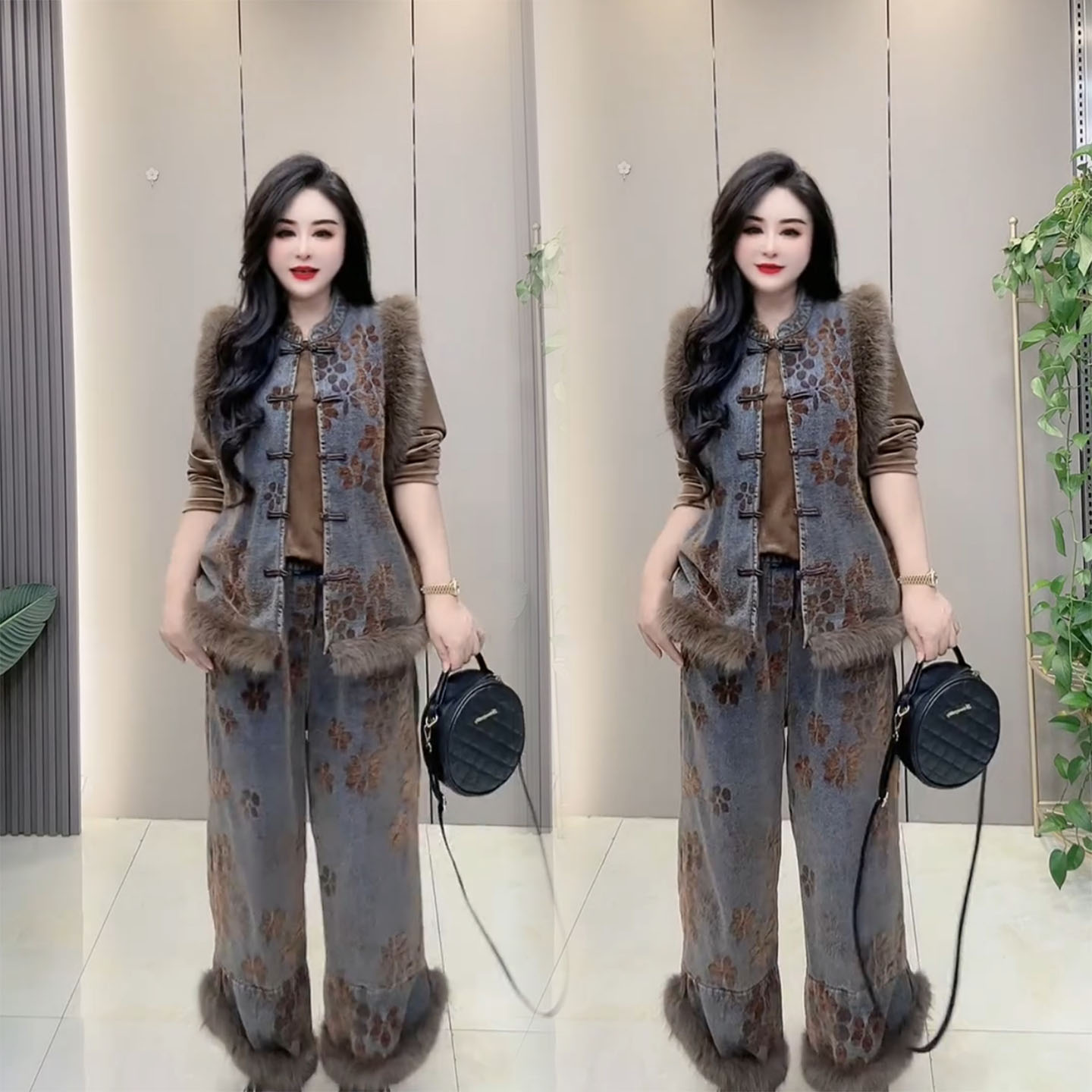 新中式国风高级感印花三件套女冬季盘扣马甲小衫阔腿裤时尚套装潮