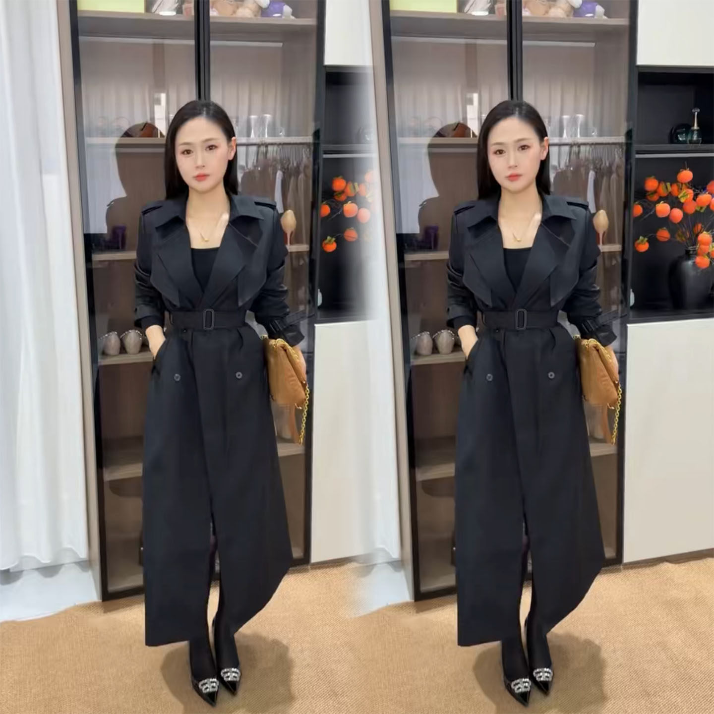 秋冬新款高端洋气黑色长款风衣女纯色气质双排扣收腰系带大衣外套