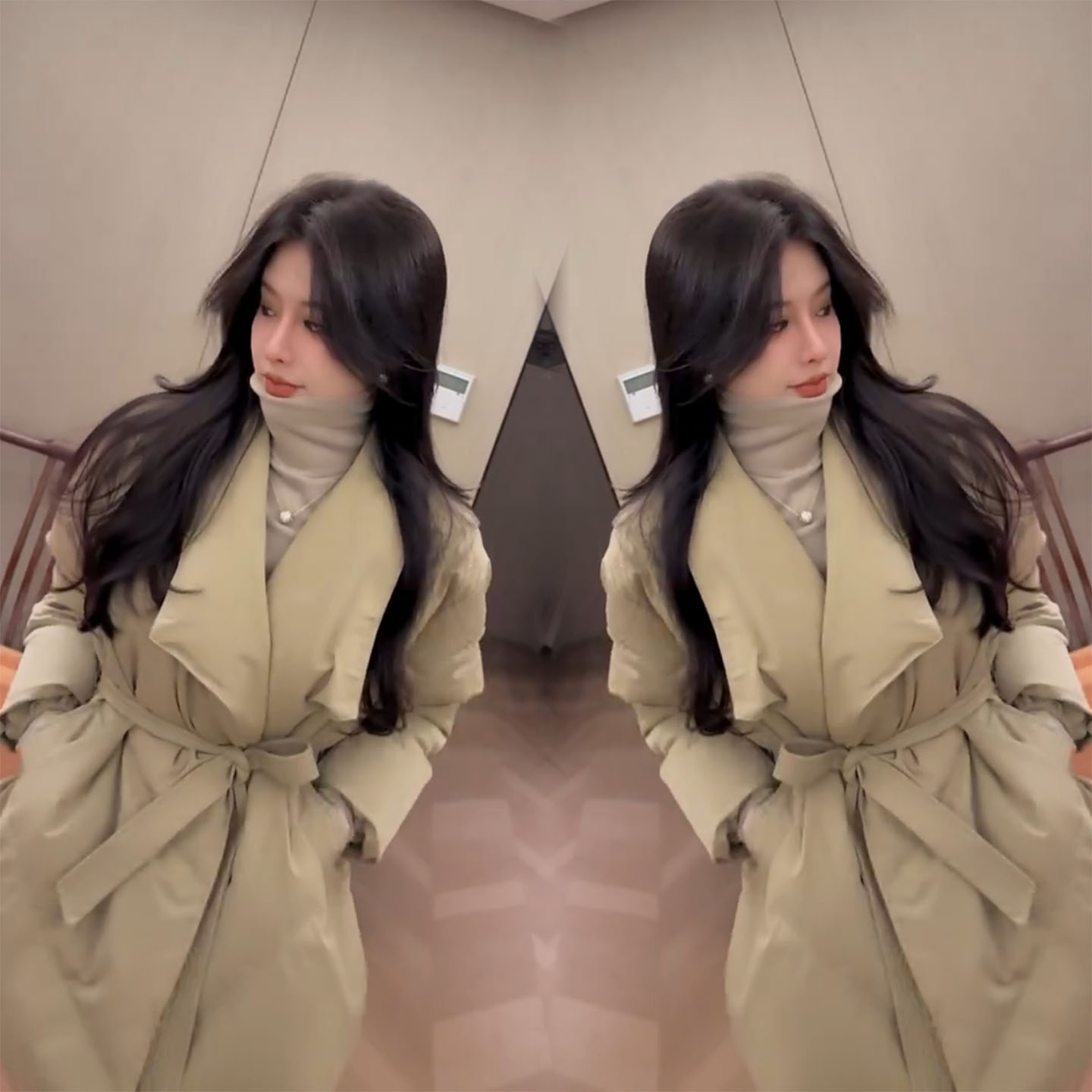 冬季温柔风大翻领系带收腰风衣女