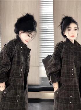 2024冬季新款高级感宽松系带加厚毛呢外套复古格纹立领毛呢外套女