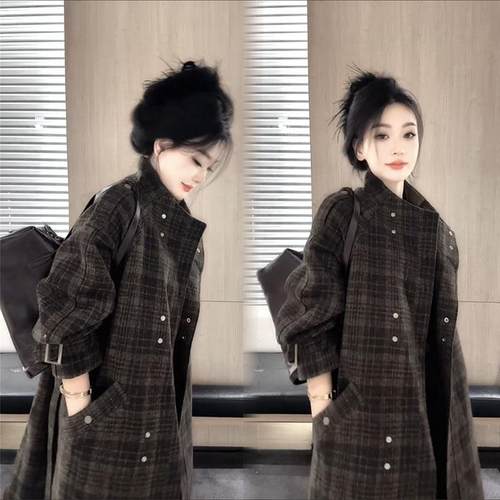 法式复古格子毛呢外套大衣