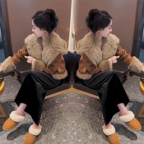 大毛领皮毛一体短外套女秋冬