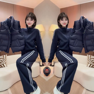 新款宽松高级感气质时尚套装女冬季时尚立领马甲卫衣阔腿裤三件套