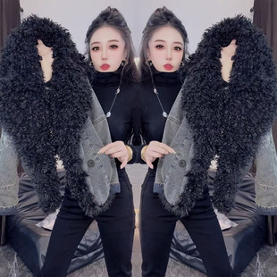 网红爆款牛仔拼接羊卷毛短款棉服女冬季高冷气质减龄炸街棉服女潮