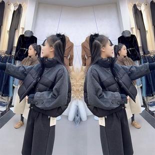 冬季2024新款毛呢拼接棉衣加厚上衣高级感时尚立领短款棉服外套女