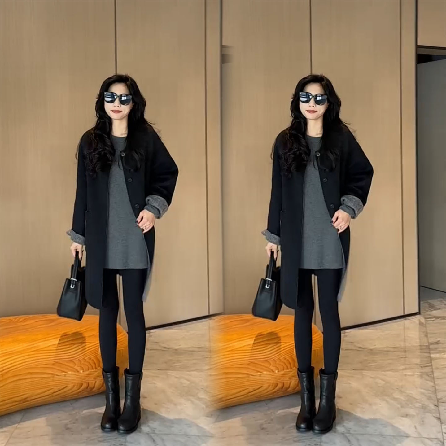 韩系无领中长款黑色宽松风衣女