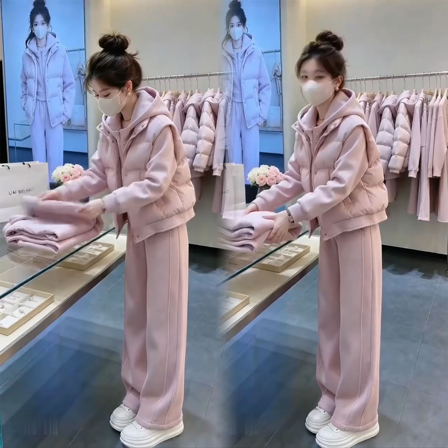 秋季新款时尚宽松休闲三件套女韩系运动风连帽卫衣马甲阔腿裤套装