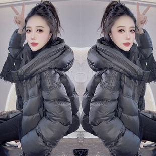 2025冬季新款休闲双拉链大帽子压格休闲棉服女韩版连帽羽绒棉外套